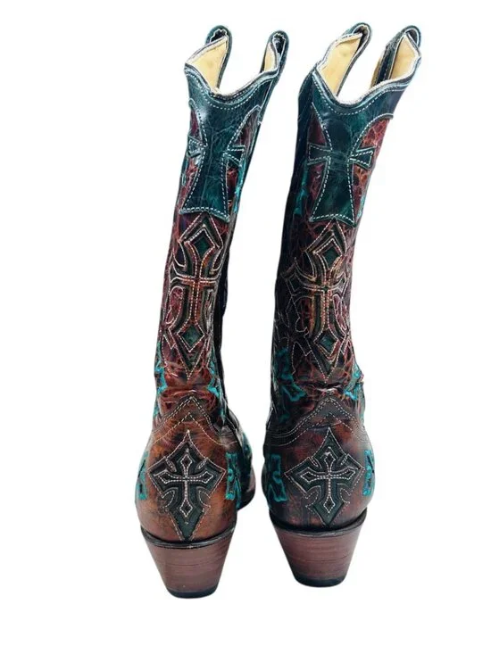 Corral Whiskey Turquoise Three Cross Snip Toe Boots 8.5M Women Brown Teal Wester - Picture 6 of 9